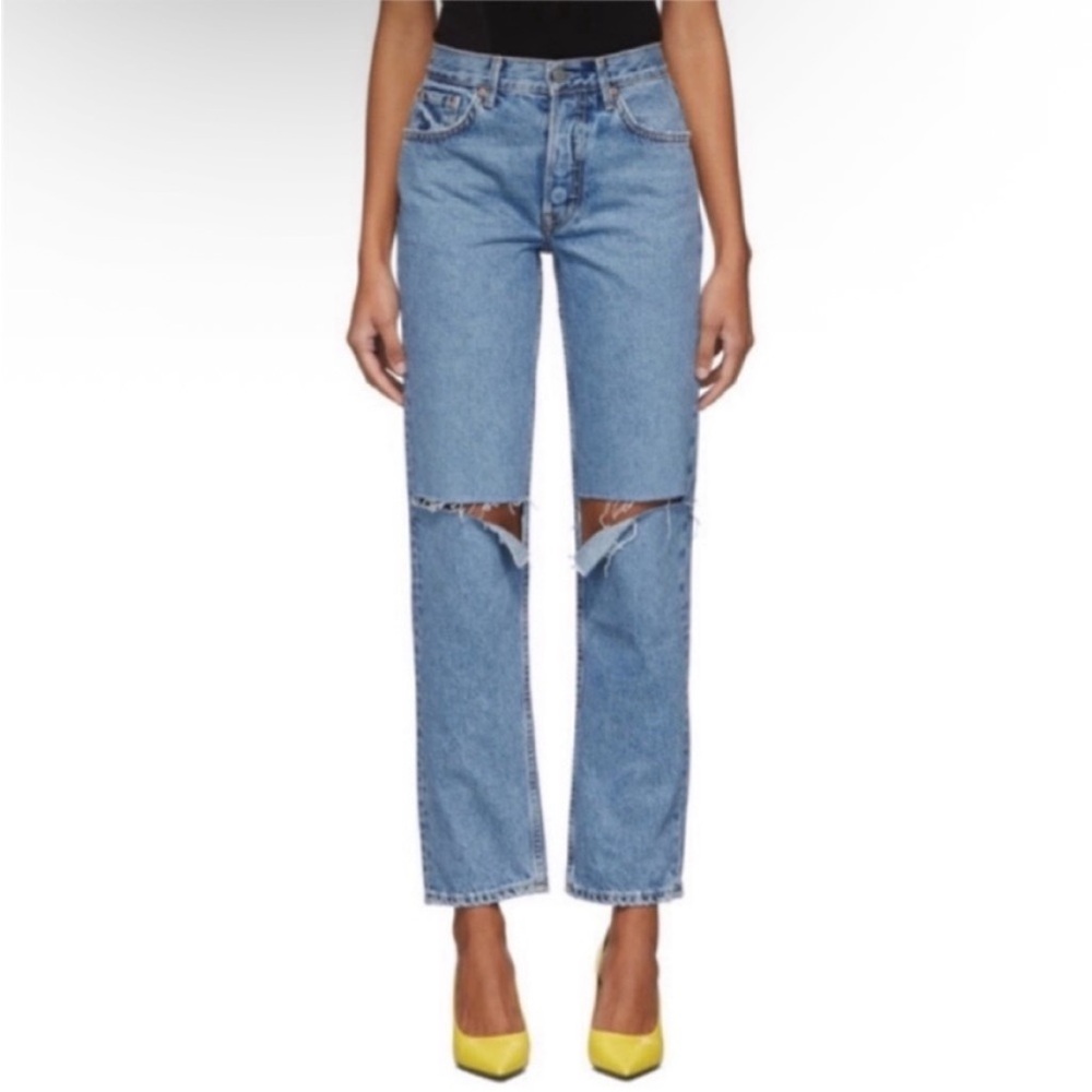 Grlfrnd Blue Helena High-Rise Straight Distressed Jeans